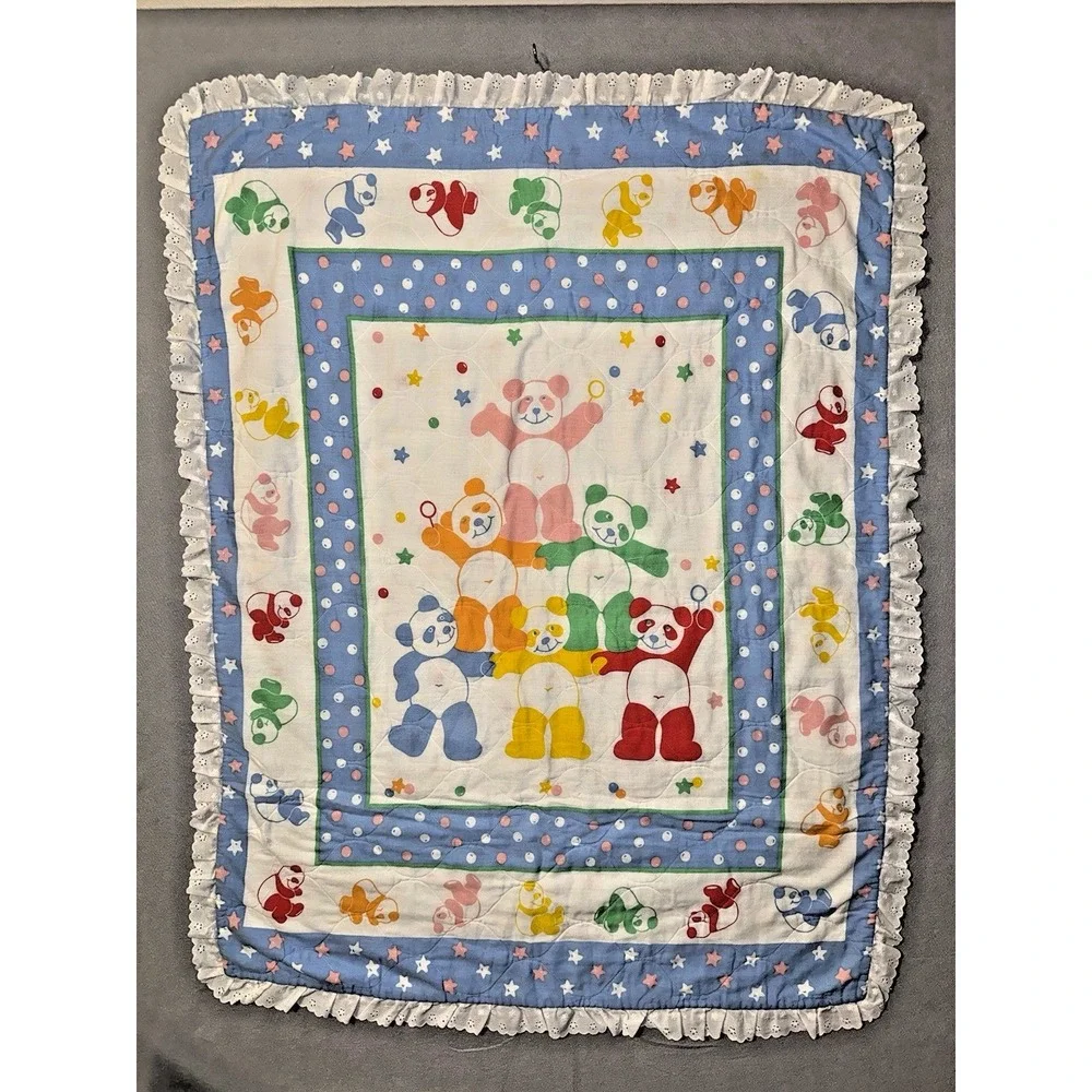 Vintage 80s Soft Colorful Baby Blanket Bears Ruffle Crib Comforter Quilt Nursery